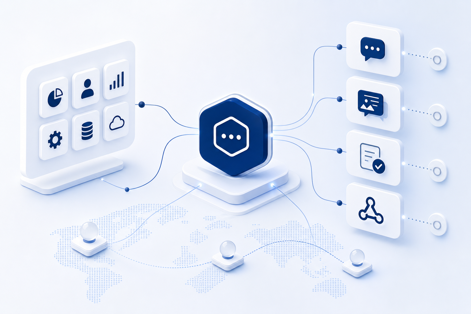 Schéma illustratif d’une API Gateway connectant outils métier, SMS, RCS, webhooks et rapports