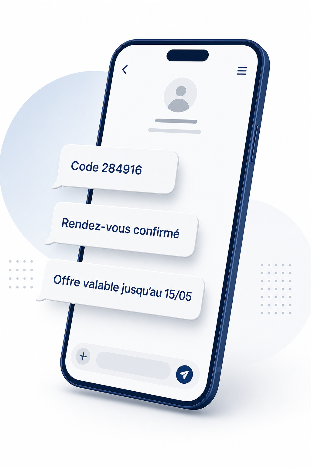 Illustration d’un smartphone avec SMS marketing et notification transactionnelle génériques